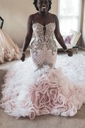 Plus Size Mermaid Crystal Lace Beads Sweetheart Long Train African Custom Made Ruffless Wedding Dress