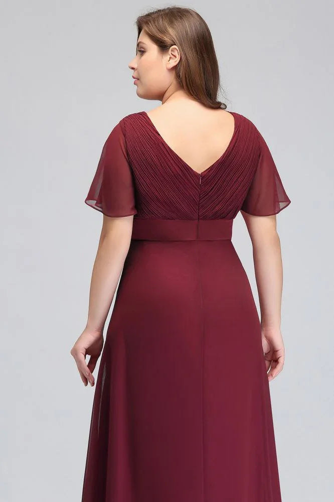 Plus size V-neck Mermaid Floor Length Short Sleeves Burgundy Evening Dresses with Sash