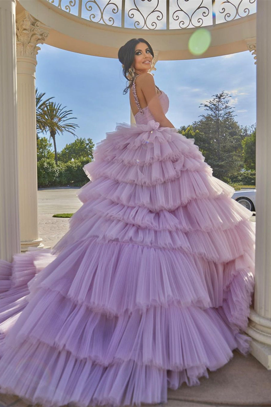 Princess A-line Lilac Straps Ruffles Sleeveless Prom Dress