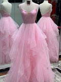 Princess V Neck Backless Long Fluffy Tulle Prom Dresses Backless Formal Evening Gowns