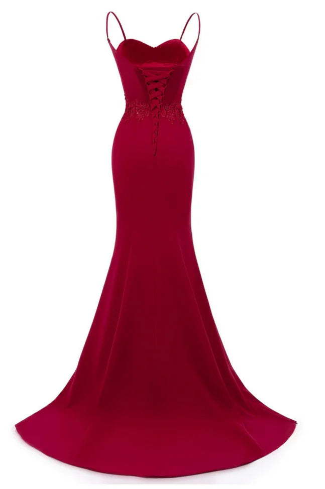 Dark Red Straps Long Prom Dresses Mermaid Evening Dresses Dark Red Formal Dresses Y1037