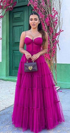 A-line Spaghetti Straps Tulle Prom Dress Elegant Evening Dress Y1073
