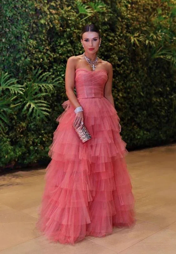 Romantic Frill-Layered Tulle Evening Dress Strapless Tulle Prom Dress Y1057