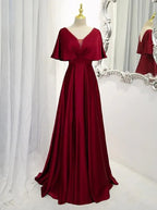 Dark Red Satin A-line Floor Length Evening Dress, Wedding Guest Dresses Y1439