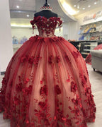 Shimmery Off Shoulder 3D Flowers Quinceanera Dress and Train,Ball Gown Y1448