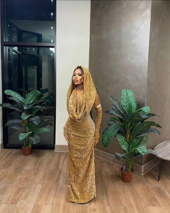Gold Mermaid Sequins Evening Dresses Sparkly Prom Dress Y1691