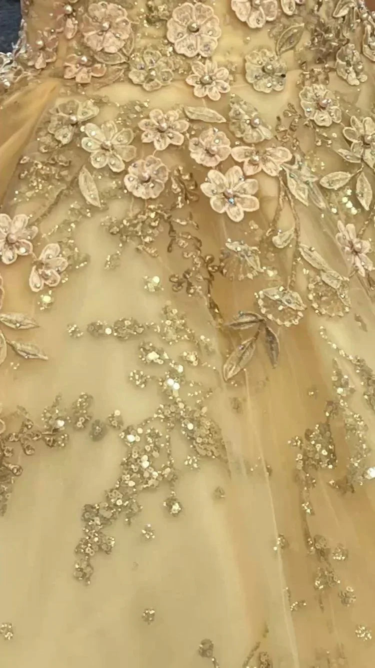 Luxurious Champagne V Neck Quinceanera Dress Princess Dress Champagne Ball Gown Y593