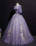 Charming Purple Short Sleeves Tulle Puffy Long Formal Dress Lovely Evening Dress Party Dress S26513