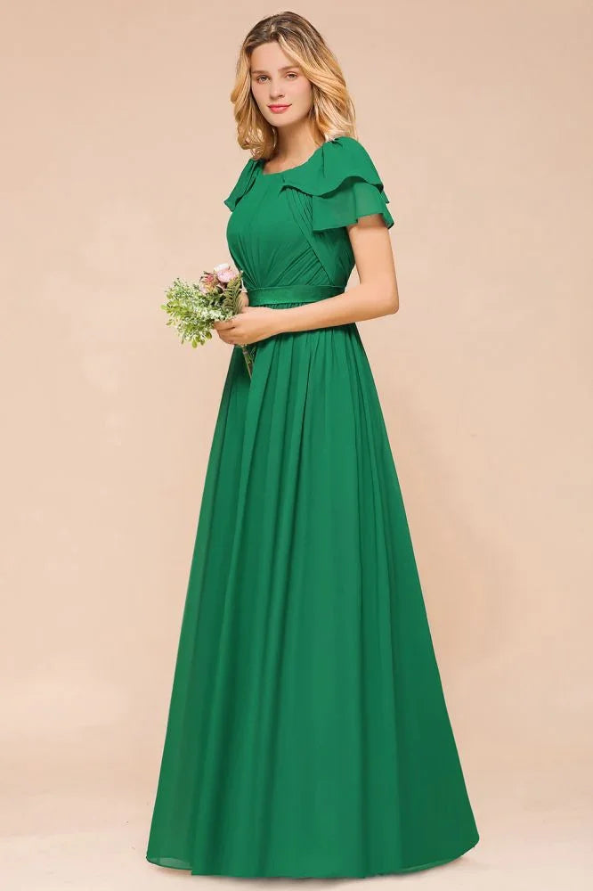 Puff Sleeve Floor Length Bridesmaid Dress A-line Wedding Guest Dress