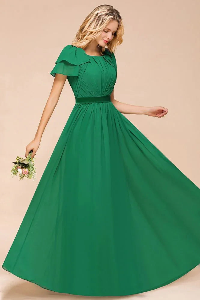 Puff Sleeve Floor Length Bridesmaid Dress A-line Wedding Guest Dress
