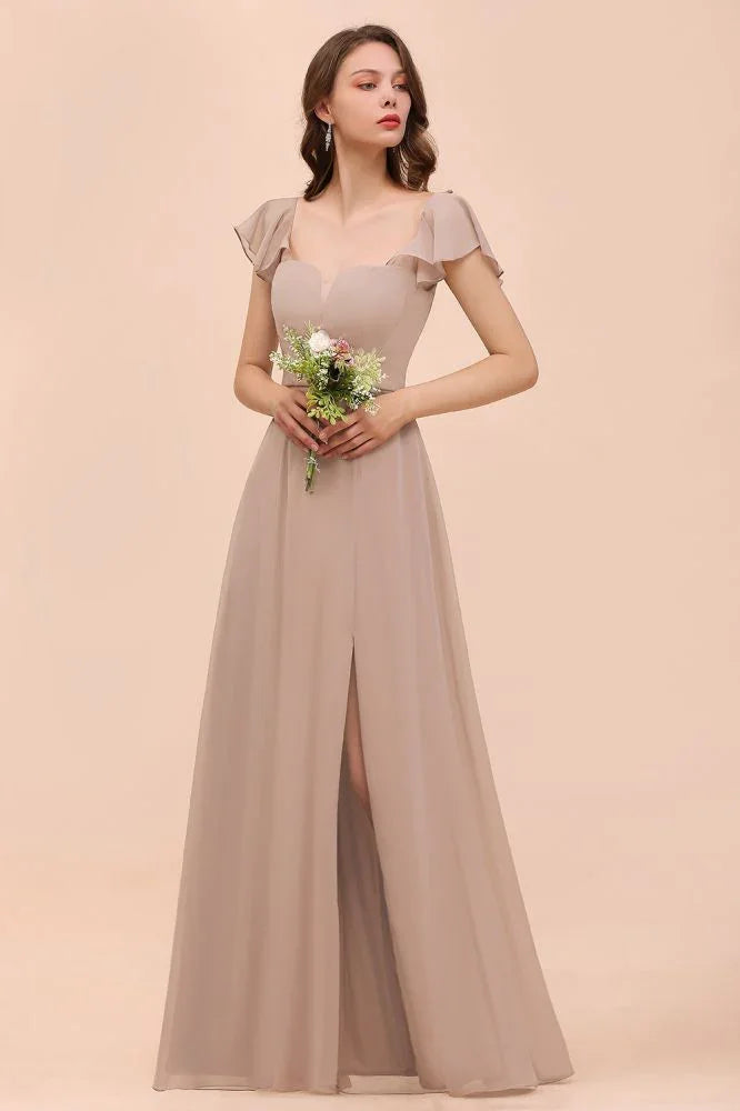 Puff Sleeve Khaki Bridesmaid Dress Side Spolit Maid of honor dress