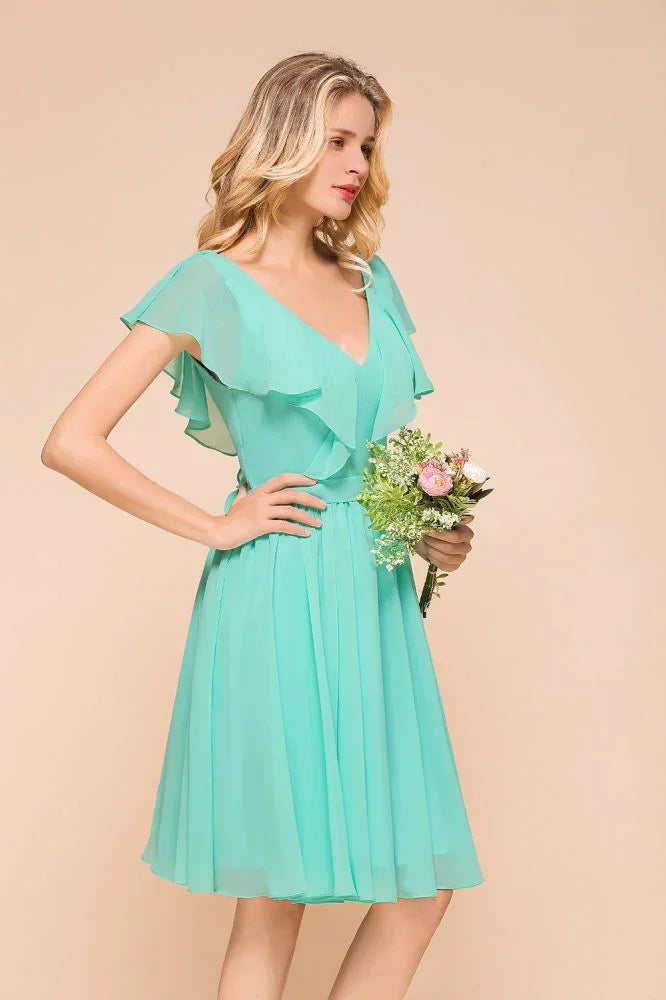 Puffy Knee Length Bridesmaid Dress Chiffon V-Neck Casual Short Dress