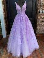 Purple Long A-line V Neck Tulle Lace Prom Formal Graduation Evening Dresses