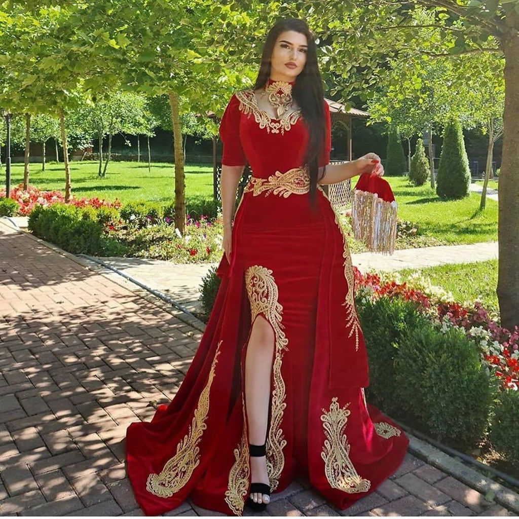 Red Long A-line Sweetheart Appliques Lace Split Velvet Prom Dress with Sleeves