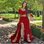 Red Long A-line Sweetheart Appliques Lace Split Velvet Prom Dress with Sleeves