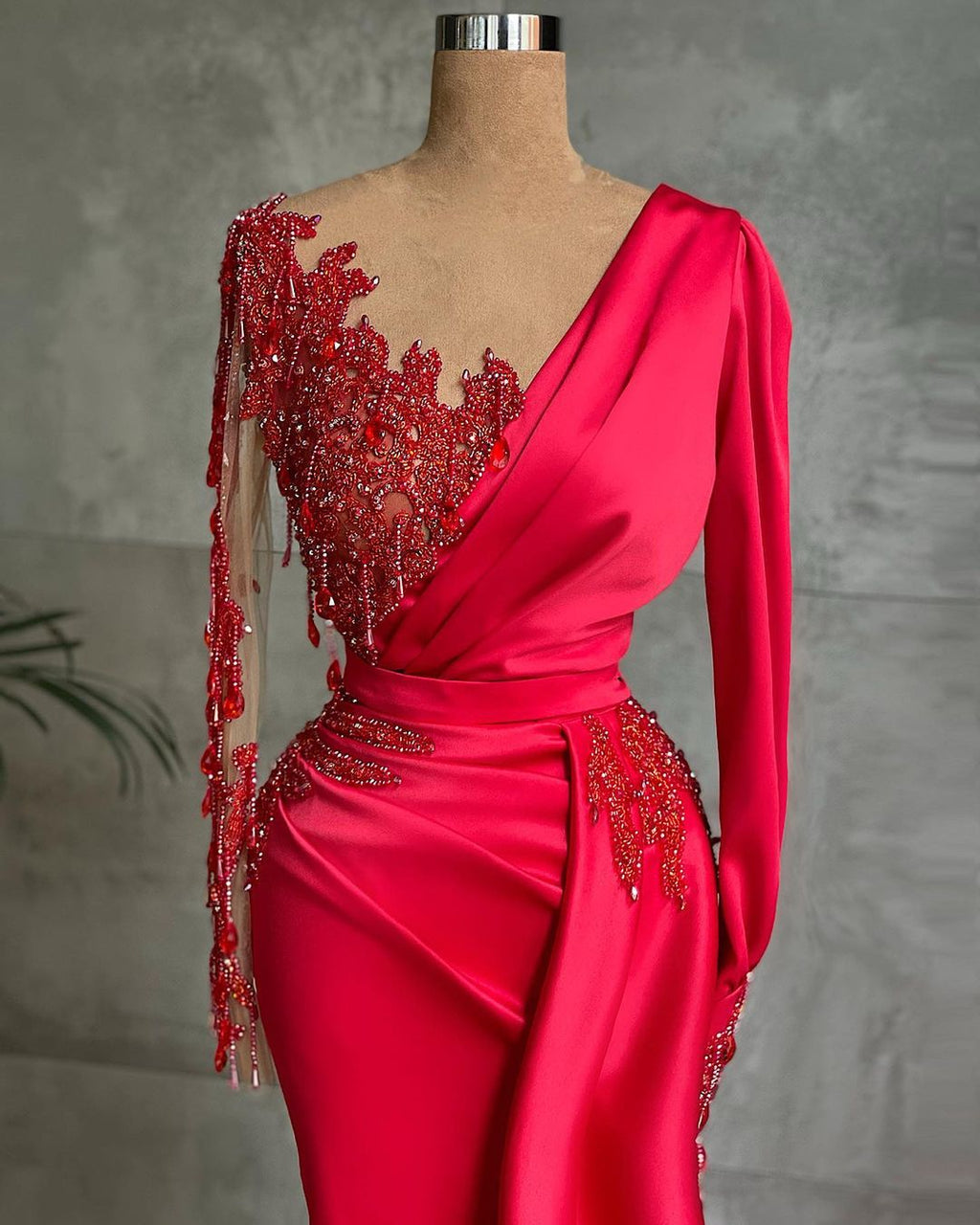 Red Long Mermaid Satin Prom Dress with Sleeves