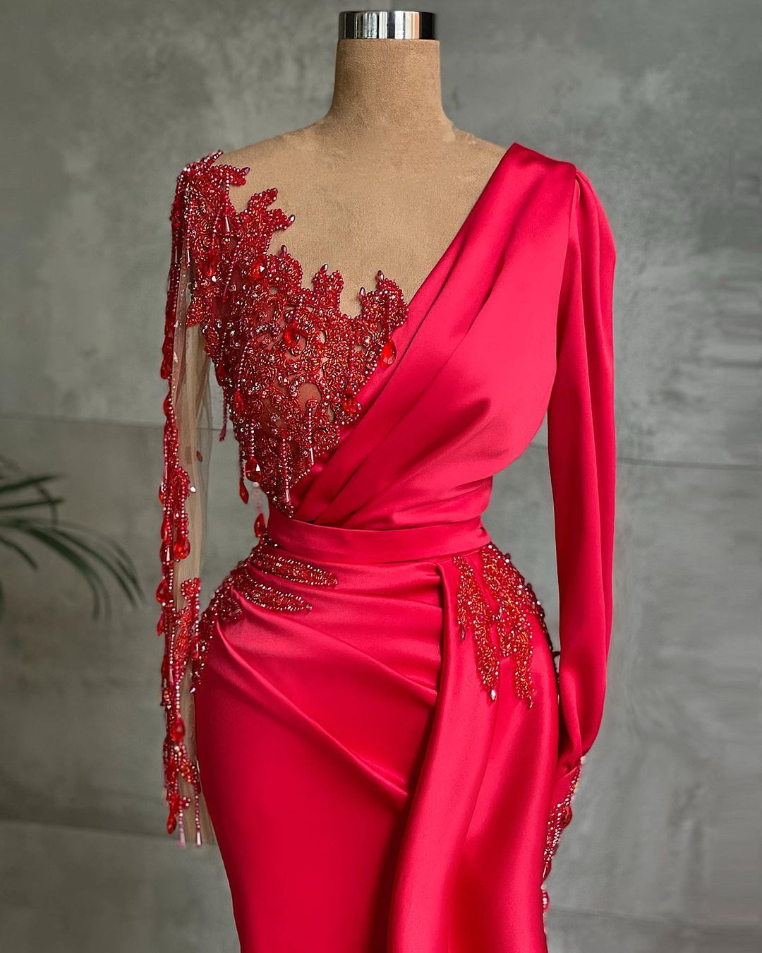 Red Long Mermaid Satin Prom Dress with Sleeves