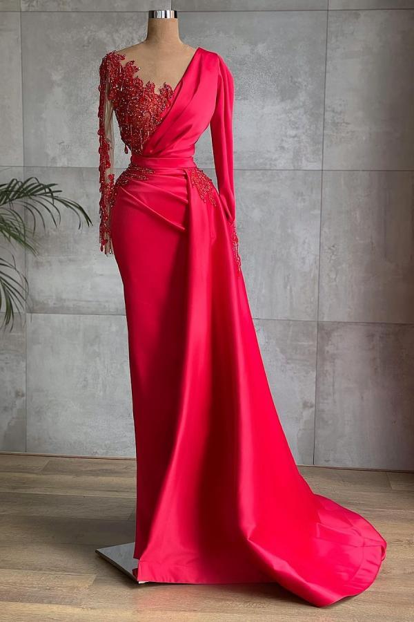Red Long Mermaid Satin Prom Dress with Sleeves