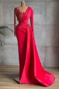 Red Long Mermaid Satin Prom Dress with Sleeves