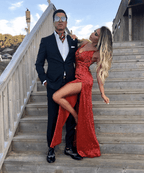 Red Long V-neck Sequin Backless Mermaid Prom Dress with Slit