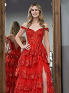 A Line Off the Shoulder Corset Prom Dress with Lace Ruffles