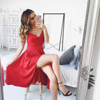 Red Satin Spaghetti Straps Crossed Back Knee Length Homecoming Dress