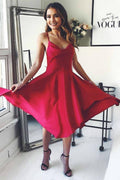 Red Satin Spaghetti Straps Crossed Back Knee Length Homecoming Dress