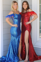 Sequins Cold Shoulder Feathers Long Prom Dress with Slit