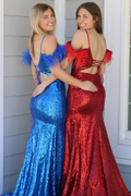 Sequins Cold Shoulder Feathers Long Prom Dress with Slit