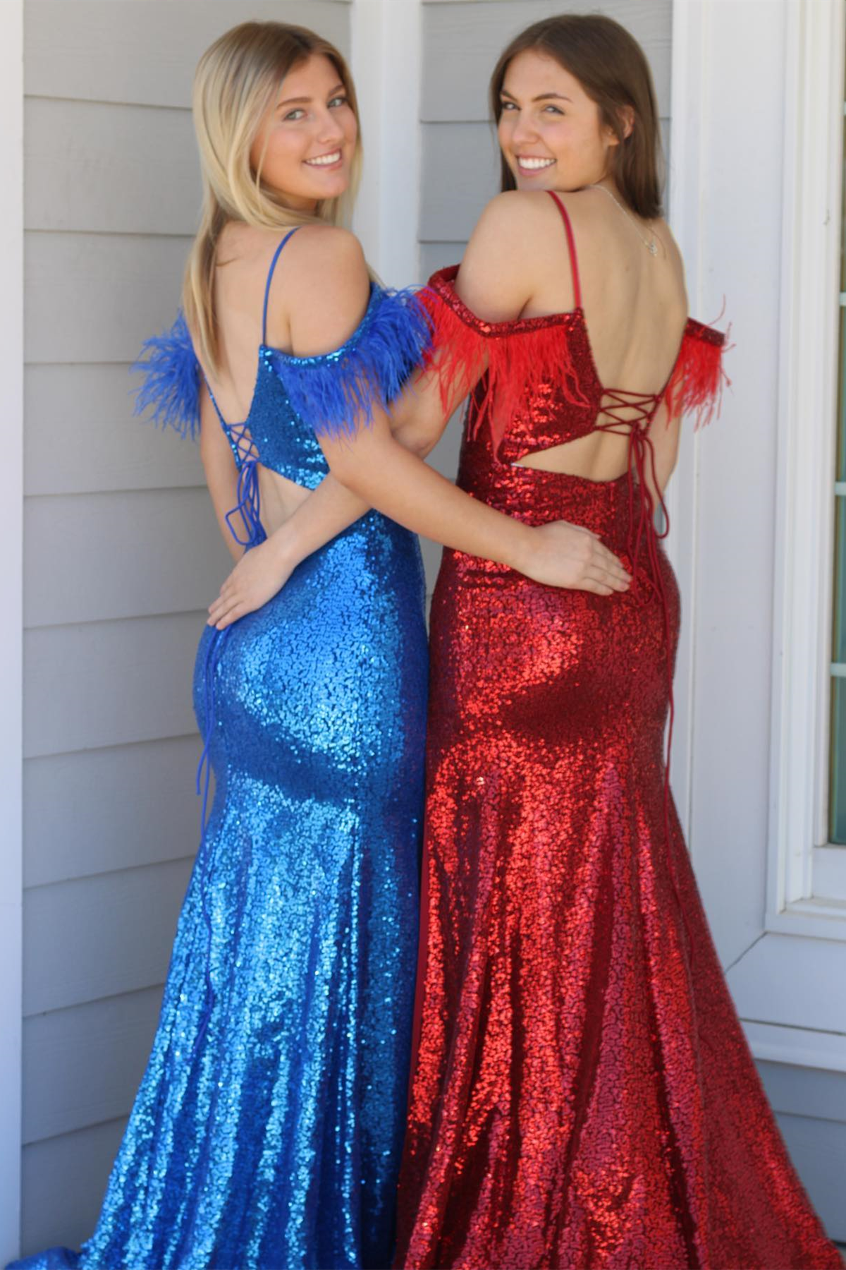 Sequins Cold Shoulder Feathers Long Prom Dress with Slit