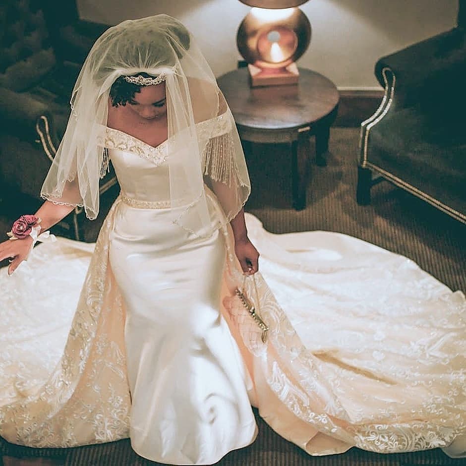 Retro Off-the-Shoulder Mermaid Wedding Dress with Overskirt