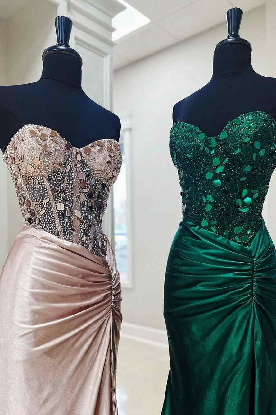 Rodina | Cut Glass Mirror Rhinestone Corset Long Evening Dress with Slit