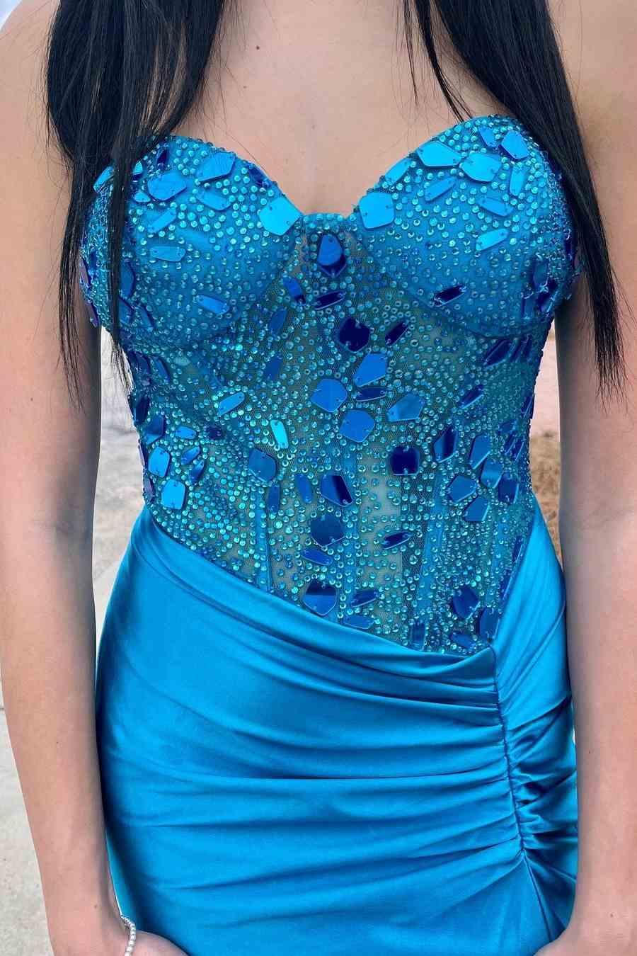 Rodina | Cut Glass Mirror Rhinestone Corset Long Evening Dress with Slit
