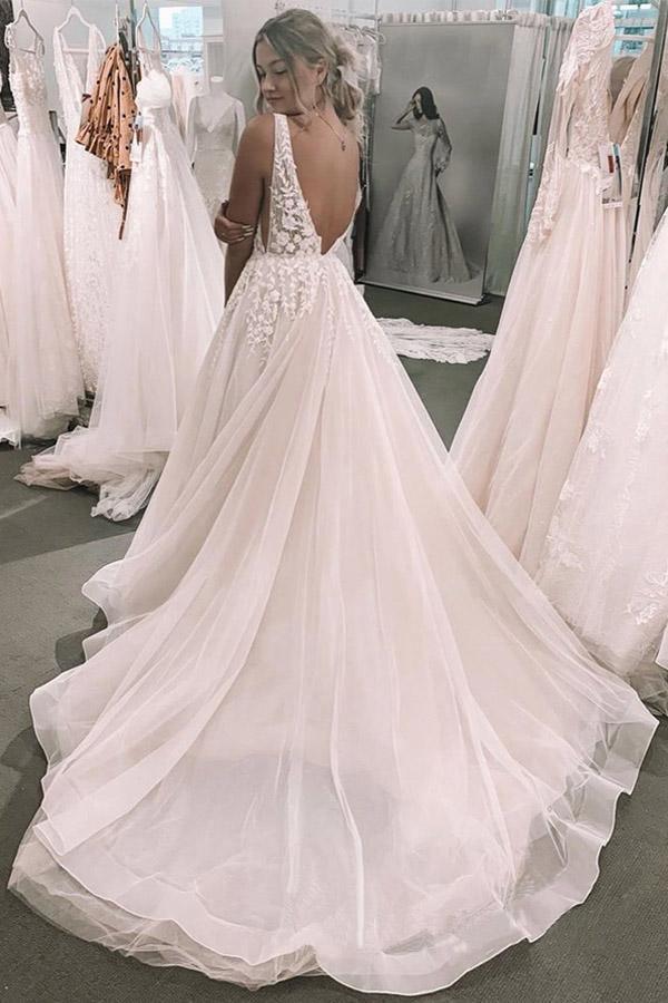 Romantic Deep V Neckline Floral Appliqued Bridal Gown Wedding Dress