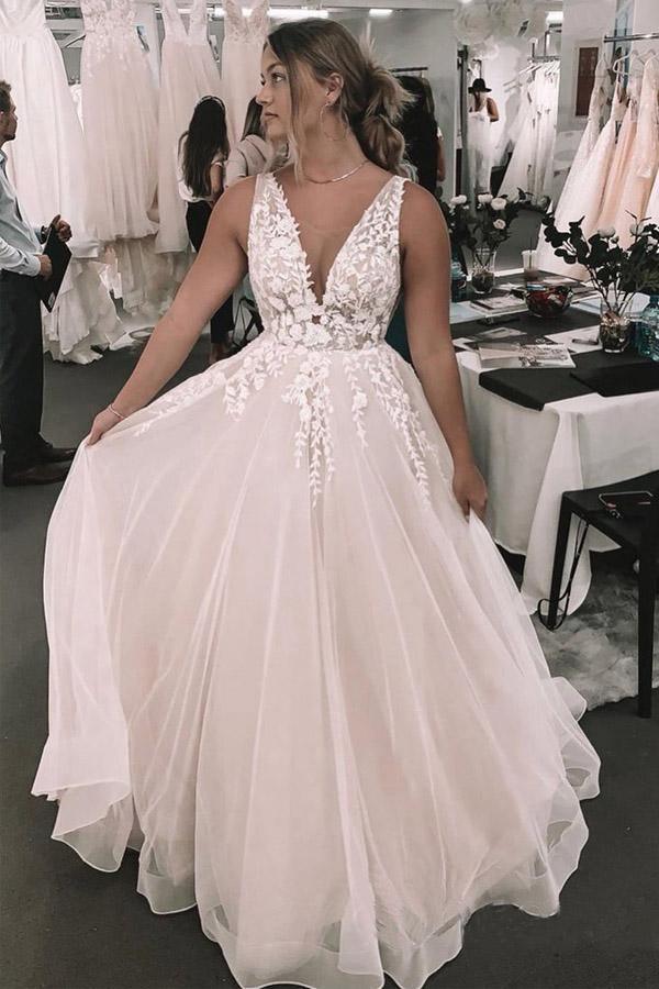 Romantic Deep V Neckline Floral Appliqued Bridal Gown Wedding Dress