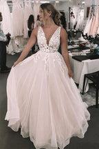 Romantic Deep V Neckline Floral Appliqued Bridal Gown Wedding Dress