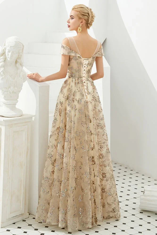 Romantic Floral Short Sleeves aline Spring Evening Party Dress Floor Length Dancing Dress
