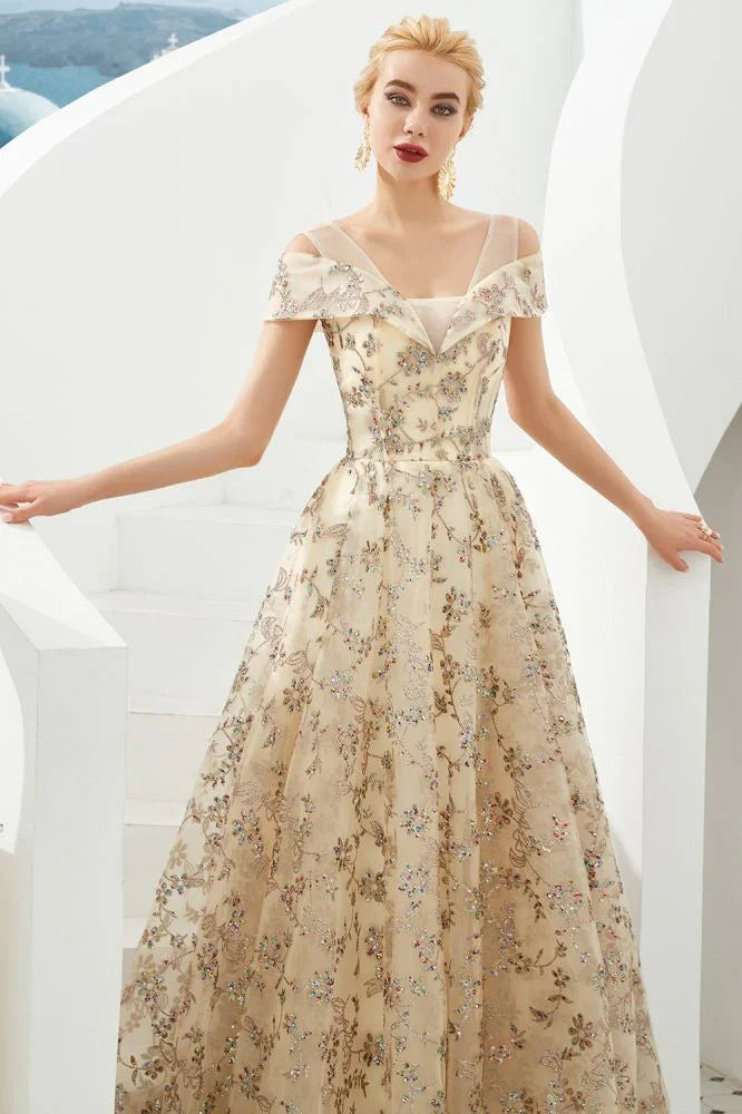 Romantic Floral Short Sleeves aline Spring Evening Party Dress Floor Length Dancing Dress