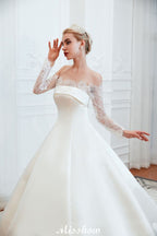 Romantic Lace Princess Satin Wedding Dress| Aline Bridal Gown with Cathedral Train