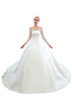 Romantic Lace Princess Satin Wedding Dress| Aline Bridal Gown with Cathedral Train
