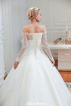 Romantic Lace Princess Satin Wedding Dress| Aline Bridal Gown with Cathedral Train