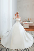 Romantic Lace Princess Satin Wedding Dress| Aline Bridal Gown with Cathedral Train