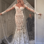 Romantic Long Appliques Backless Lace Mermaid Ivory Wedding Dresses