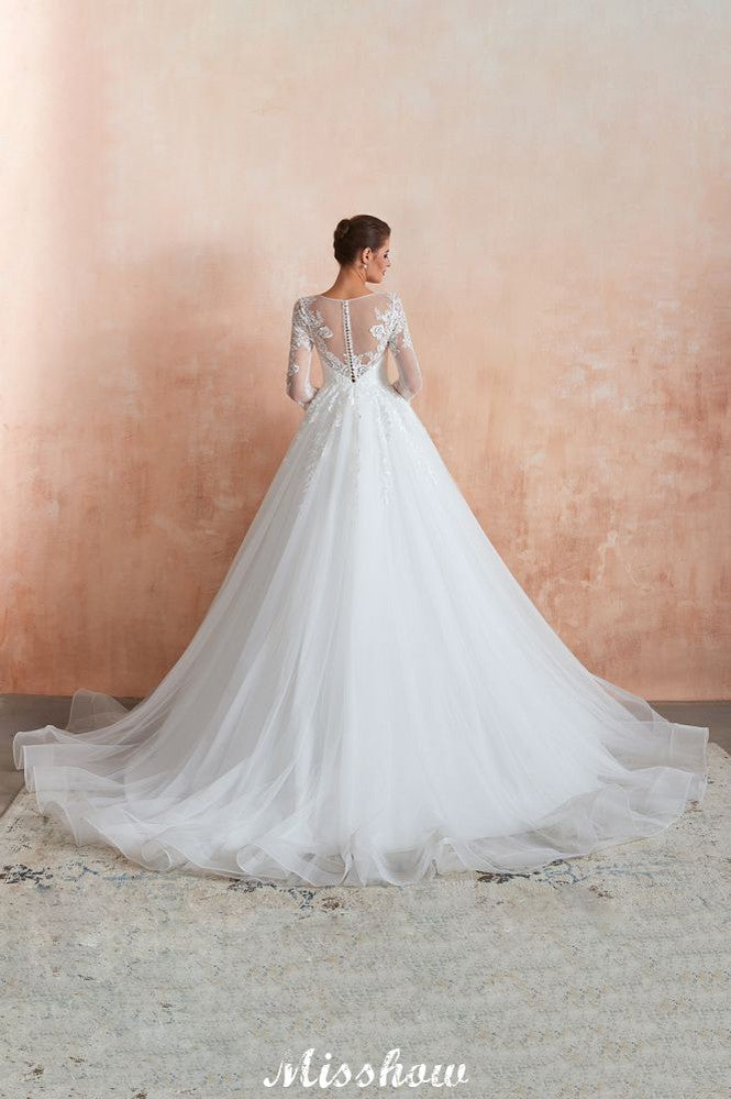 Romantic Long Sleeve Lace Ball Gown Tulle Fully Covered Buttons Aline Wedding Dress with Court Train