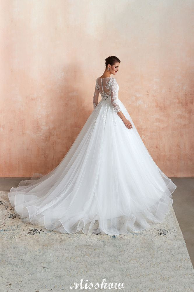 Romantic Long Sleeve Lace Ball Gown Tulle Fully Covered Buttons Aline Wedding Dress with Court Train