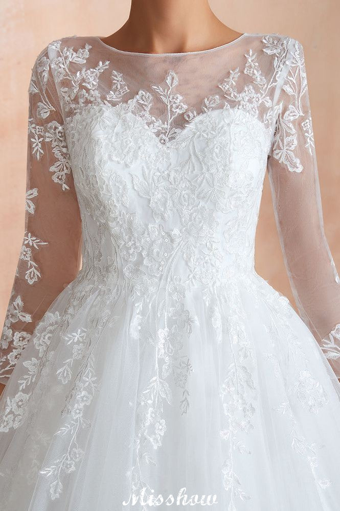 Romantic Long Sleeve Lace Ball Gown Tulle Fully Covered Buttons Aline Wedding Dress with Court Train