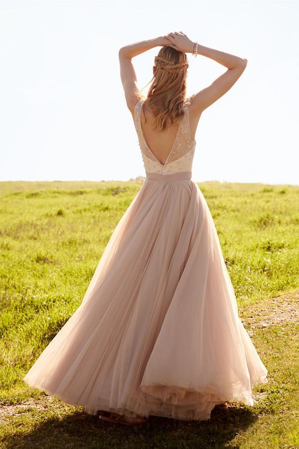 Romantic V Neck Blush Pink Lace Wedding Dresses Detachable Skirt Bridal Dresses