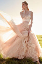 Romantic V Neck Blush Pink Lace Wedding Dresses Detachable Skirt Bridal Dresses