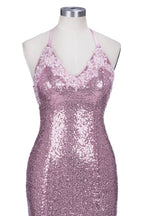 Rose Pink Sequins Mermaid Long Spaghetti Straps V-neck Prom Dresses