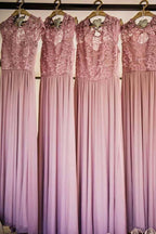 Round Neck Cap Sleeves  Chiffon Bridesmaid Dress with Lace BD050